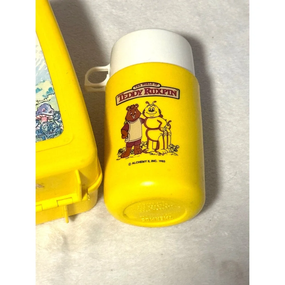 Vintage 1980s Teddy Ruxpin Thermos Plastic Lunch Box with Matching Bottle Yellow